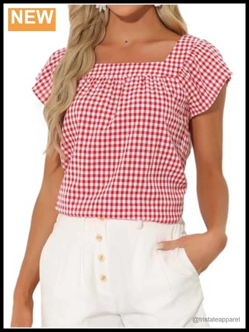 Gingham Square Neck Cap Sleeve Blouse Women Summer Cute Plaid Shirt Regular Fit